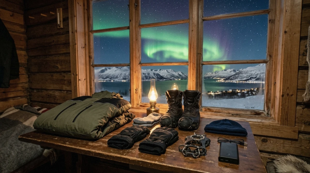 Racks of rental thermal suits and winter boots for a Northern Lights tour in Tromsø, the extra cost some cheaper packages leave off the sticker price