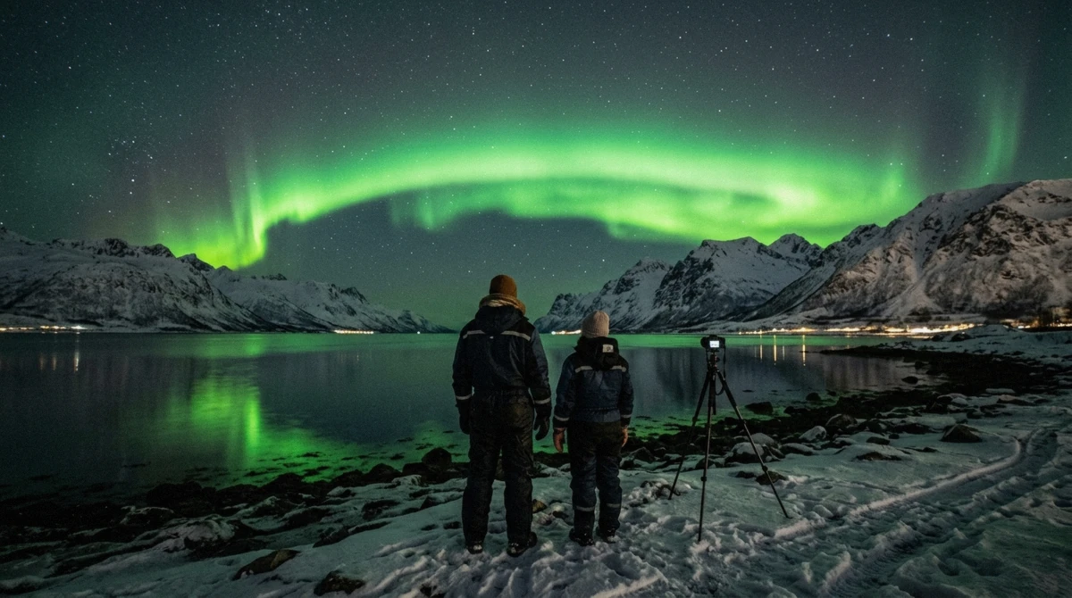 A small group standing beside a minibus watching a faint aurora glow over a fjord during a Tromsø Northern Lights tour